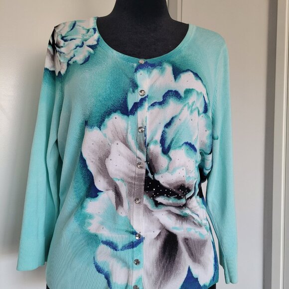White House Black Market Women's Aqua Floral Embellished Button Up Cardigan (XL) - Picture 9 of 10